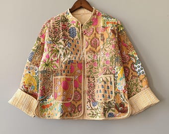 Indische Baumwoll-Patchwork-Steppjacke: Boho-Bequeme Jacke
