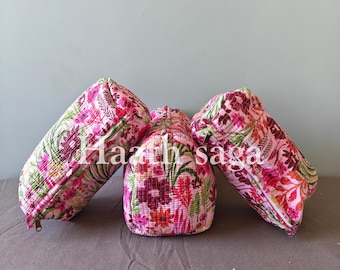 Handblock Gedrucktes Kulturtaschen-Set | Blumige Reisebeutel aus Baumwolle