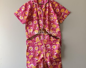 Hand Block Printed Cotton Pajama Set, Women's Sleepwear