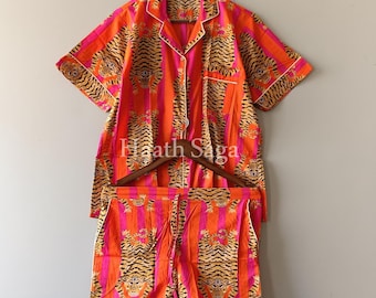 Handgedruckter Pyjama aus Baumwolle – Orange & Pink Tiger Loungewear