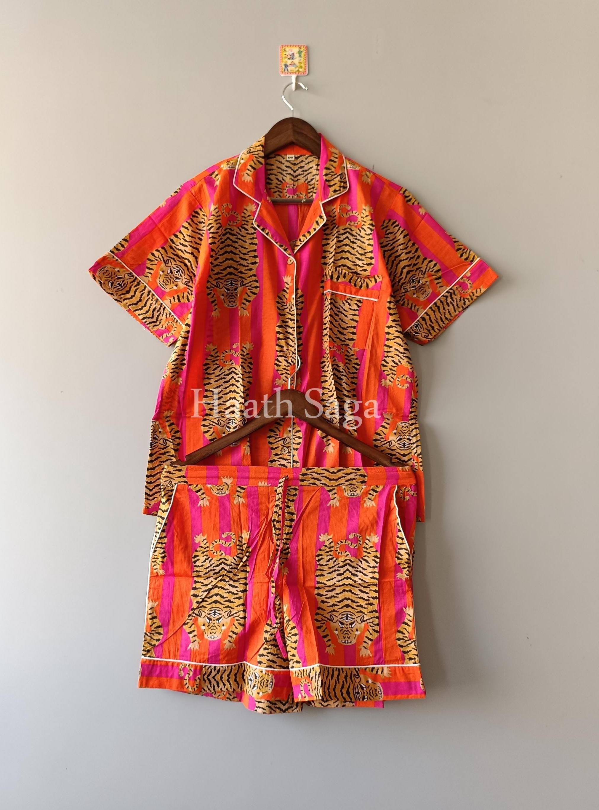 Hand-Block Printed Cotton Pajama Set - Orange & Pink Tiger Loungewear