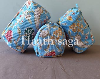 Handgefertigtes gestepptes Baumwollkosmetiktaschen-Set: Block bedruckte florale Kulturtaschen