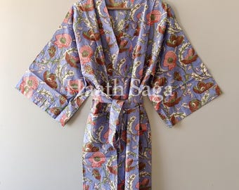 Handgemachte Kimono Robe aus Baumwolle mit Blumenmuster, Indian Loungewear