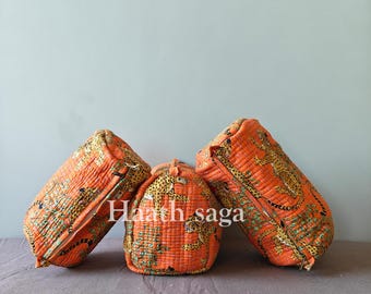 Set of 3- Handmade Toiletry Pouch Set, Tiger Print Quilted Cotton Cosmetics Bags
