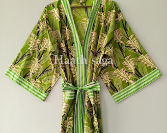 Green Floral Block Print Cotton Kimono Robe - Handmade Indian Loungewear