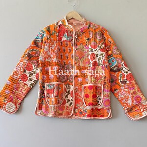 Patchwork jacket Cotton Quilted Jacket Reversible floral Pink Orange Jacket