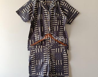 Handgemaakte katoenen pyjama met blokprint, short pyjama, short pyjama, comfortabele nachtkleding, zomerjurk,