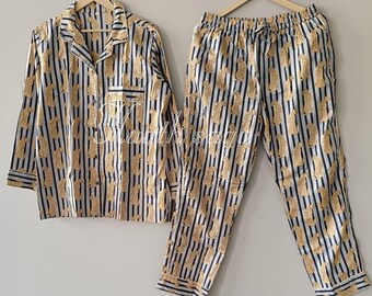 Conjunto de pijama 100% algodón con estampado a mano, ropa de estar por casa de Jaipur.