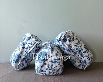 Handgefertigtes gestepptes Baumwollkosmetiktaschen-Set: Block bedruckte florale Kulturtaschen