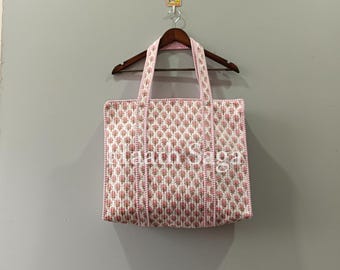 Handmade Quilted Cotton Tote Bag – Pink Floral Block Print