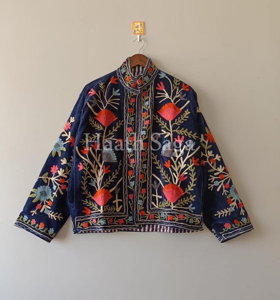 Navy Blue Suzani Velvet Jacket – Hand Embroidered Boho Floral Coat