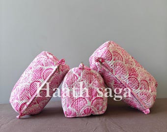 3er Set Baumwollwaschbeutel, indische Block Print Taschen, Kulturbeutel für Frauen, Reisebeutel,