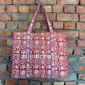 Red Floral Quilted Cotton Tote Bag – Handmade Ethnic Boho Hippie Shoulder Bag, Large Market Shopping Carryall, Daily Use Tote for Women