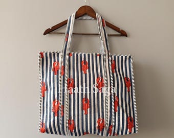 Bolso de mano acolchado de algodón con estampado de langosta, bolso grande para viajes a la playa.