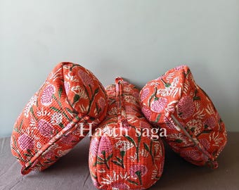 3er Set Gesteppte Kulturtaschen | Rosa Blumen Block Print Kosmetiktasche aus Baumwolle
