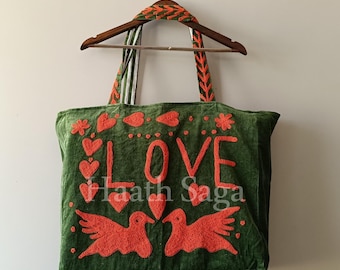 Handcrafted Green Velvet Tote – Embroidered LOVE & Bird Boho Bag