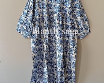Midi Kleid Blau Floral Baumwolle: Hand Block Print Boho-Stil