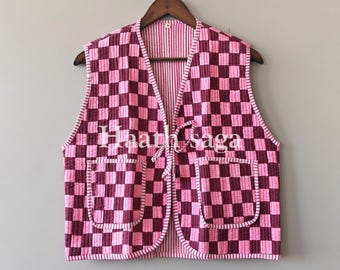 Block bedruckte gesteppte Baumwollweste, Boho handgefertigte Jacke