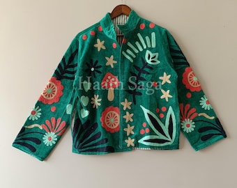 Green Velvet Suzani Jacket – Boho Embroidered Coat – Colorful Floral Festival Wear – Handmade Bohemian Outerwear