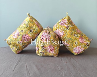 Handmade Quilted Cotton Makeup Bag Set | Floral Block Print