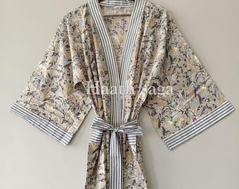 Hand Block Print Cotton Kimono Robe: Lightweight Floral Boho Loungewear Reversible kimono