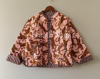 Handcrafted Cotton Quilted Jacket: Boho Green Floral Kantha Short Jackets