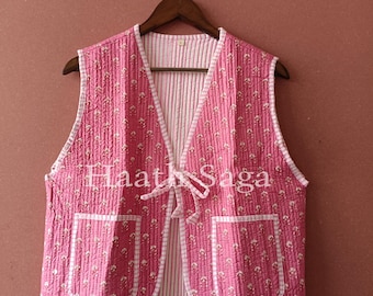Reversible Cotton Vest: Vintage Indian Block Print Quilted Boho Jacket