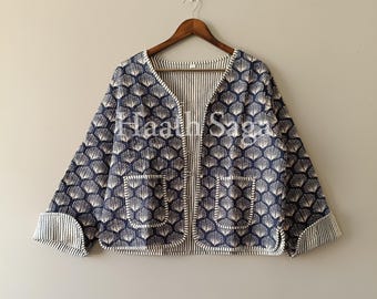 Blue Block Print Quilted Cotton Jacket, Boho Floral Reversible Coat