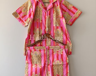 Handmade Cotton Pajama Set: Pink Tiger Print Lounge Wear