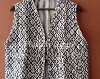 Handmade Reversible Quilted Vest: Indian Block Print Boho Jacket