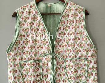 Handmade Cotton Quilted Vest, Floral Print Reversible Coat