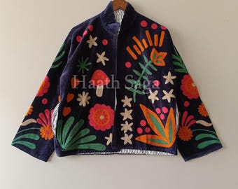 Floral Embroidered Velvet Suzani Jacket: Handmade Indian Style Coat Velvet Suzani Jacket | Boho Floral Duster Coat