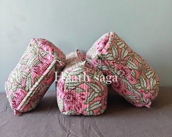 Cotton Toiletry Bag With Zipper, Floral Makeup Bag, Quilted Block Print Cosmetic Bag, Travel Organizer Pouch,