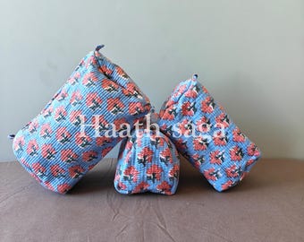 Floral Makeup Bag, Quilted Cosmetic Pouch, Hand Block Print Toiletry Bag, Travel Organizer
