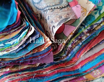 Pure Silk Fabric Scrap Bundle, Indian Sari, Quilting Squares