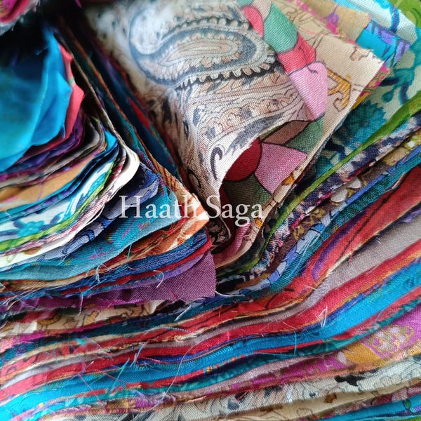 Pure Silk Fabric Scrap Bundle, Indian Sari, Quilting Squares