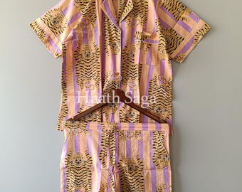 Hand Block Print Cotton Pajama Set: Women's Summer Short Sleepwear