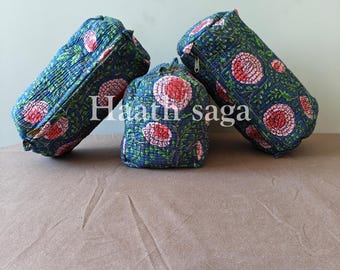 Set of 3 Floral Cotton Makeup Bags, Waterproof Boho Cosmetic Organizer