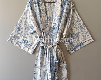 Block Print Baumwolle Kimono Robe, Floral Brautjungfer Dressing Kleid Sommer Kimono