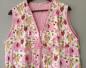 Handgefertigte gesteppte Weste aus Baumwolle: Boho-Blumen-Wendejacke