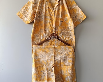 Hand Block Printed Cotton Pajama Set, Women's Sleepwear
