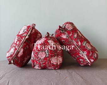 Quilted Cotton Cosmetic Bag Set, Floral Block Print Toiletry Bags