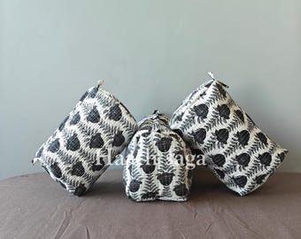 3-Piece Quilted Cosmetic Bag Set, Hand-Block Print Travel Pouches,