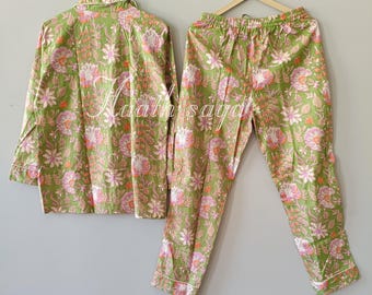 Hand Block Print Cotton Pajama Set: Cotton Floral Loungewear & Sleepwear Pajama Set For Women,
