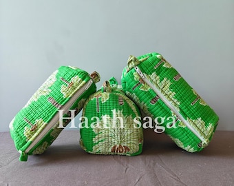 Grüne Blumen Make-up Tasche, Gesteppte Kosmetiktasche, Kulturtasche mit Handblockdruck, Reiseveranstalter