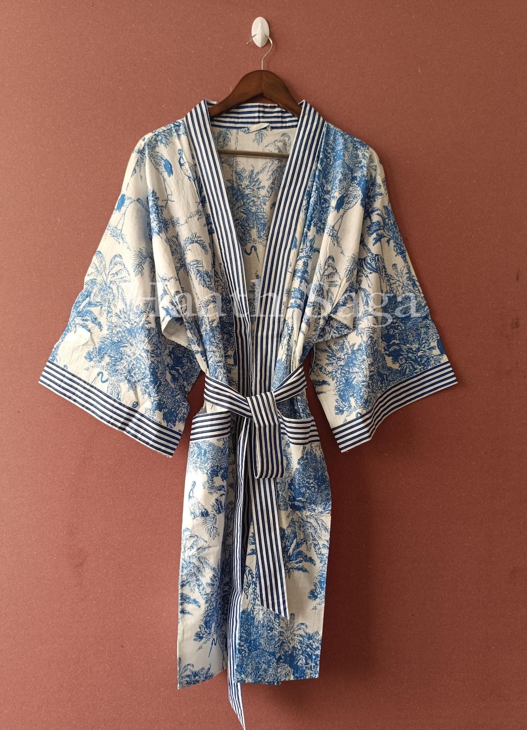 Handmade Cotton Kimono Robe: Blue Floral Block Print Loungewear - Etsy