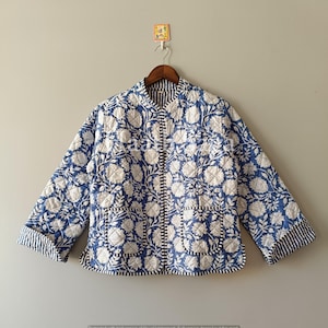 Handmade Reversible Quilted Cotton Jacket, Indian Block Print Boho Coat
