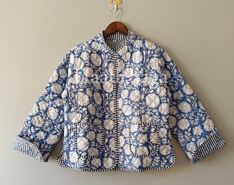 Handmade Reversible Quilted Cotton Jacket, Indian Block Print Boho Coat