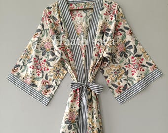 Floral Cotton Kimono Robe: Lightweight Block Print Dressing Gown
