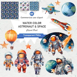 Watercolor Space Clipart Bundle: Astronauts, Planets, Rockets (PNG, 300 DPI, Digital Download